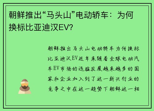 朝鲜推出“马头山”电动轿车：为何换标比亚迪汉EV？