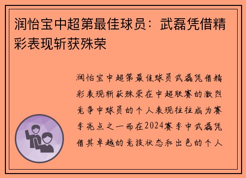 润怡宝中超第最佳球员：武磊凭借精彩表现斩获殊荣
