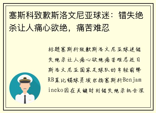 塞斯科致歉斯洛文尼亚球迷：错失绝杀让人痛心欲绝，痛苦难忍