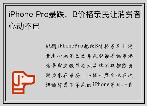 iPhone Pro暴跌，B价格亲民让消费者心动不已