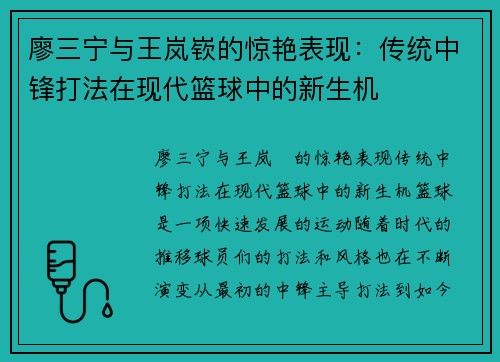 廖三宁与王岚嵚的惊艳表现：传统中锋打法在现代篮球中的新生机