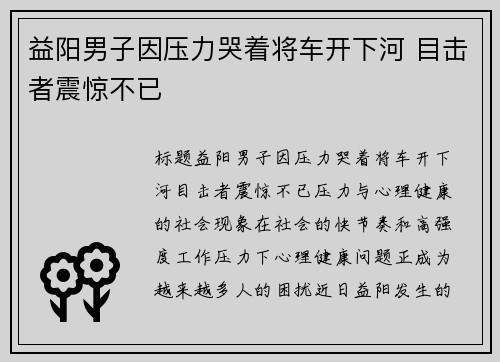 益阳男子因压力哭着将车开下河 目击者震惊不已