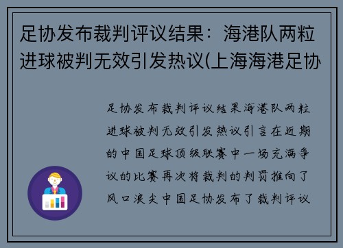 足协发布裁判评议结果：海港队两粒进球被判无效引发热议(上海海港足协杯首发)