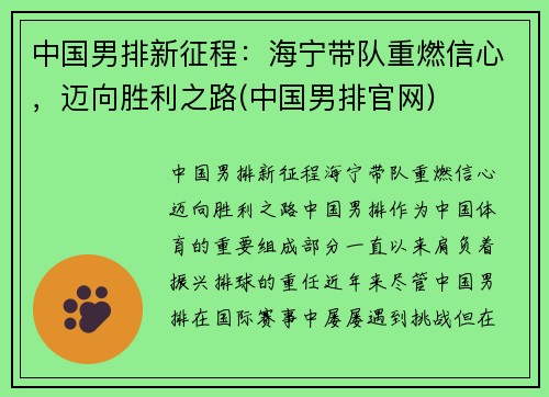 中国男排新征程：海宁带队重燃信心，迈向胜利之路(中国男排官网)